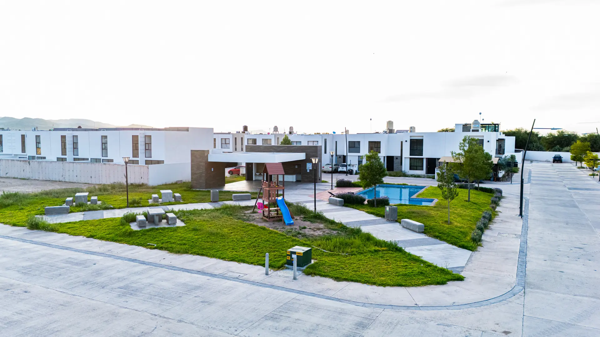 Vista aérea de amenidades y equipamiento en Privada Turquesa