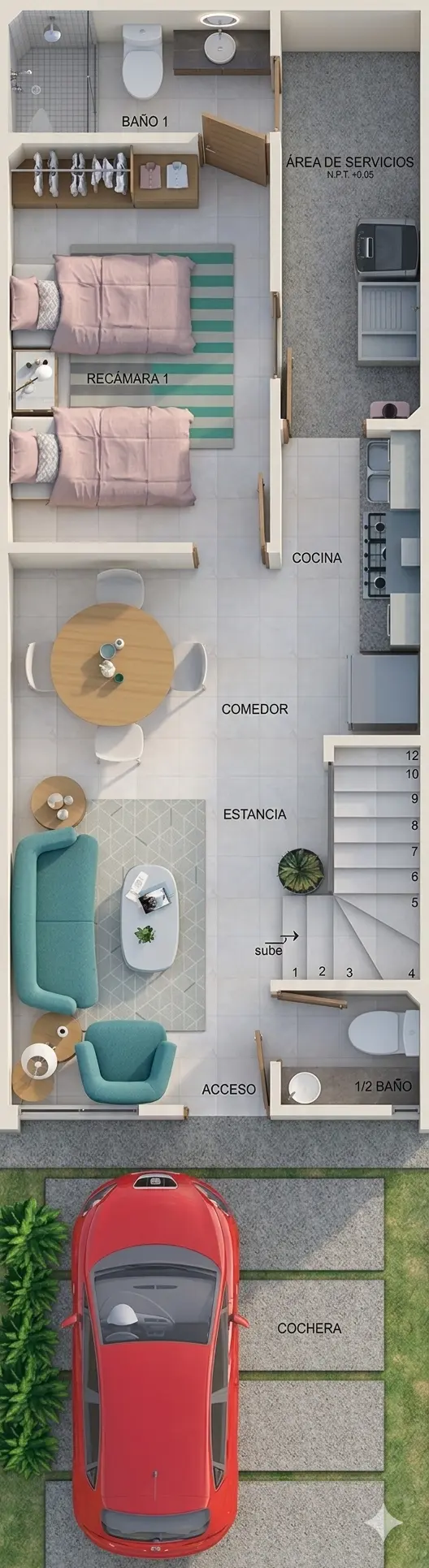 Plano arquitectónico de Planta Baja del modelo Roma con 3 hab.